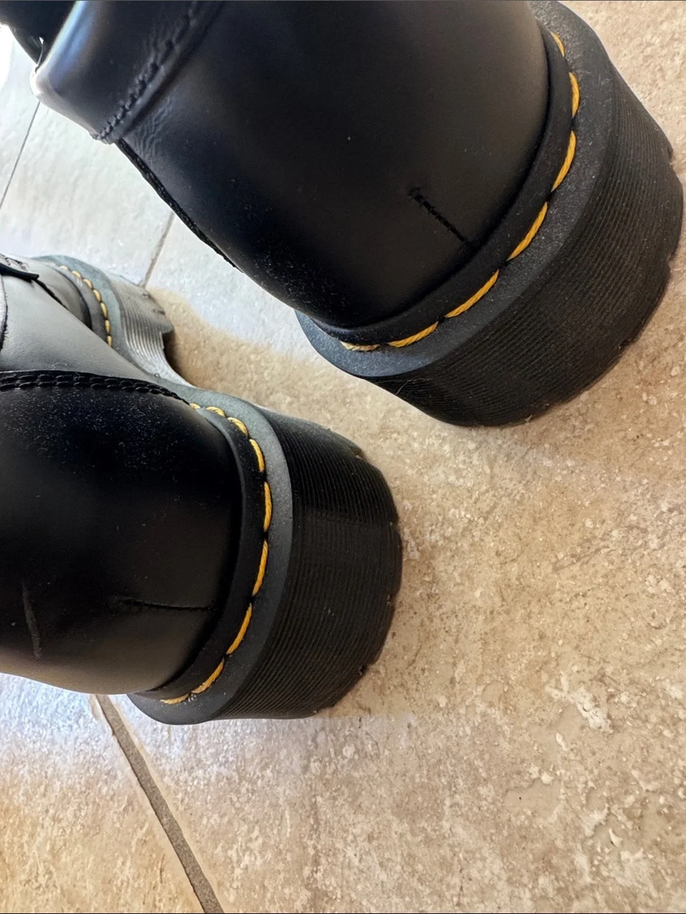 Dr. Martens Black Leather Tassel Kiltie Loafers with Yellow Stitching